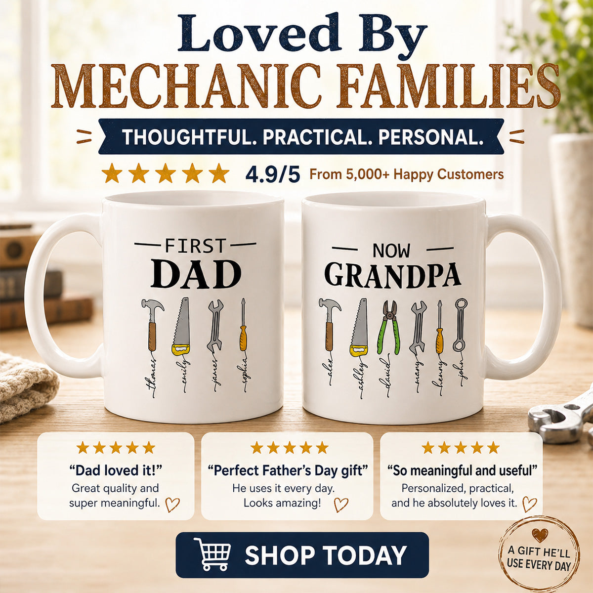 First Dad Now Grandpa Garage Tools Custom Kids Names - Personalized Mug - Father's Day Gift For Mechanic Dad, Grandpa