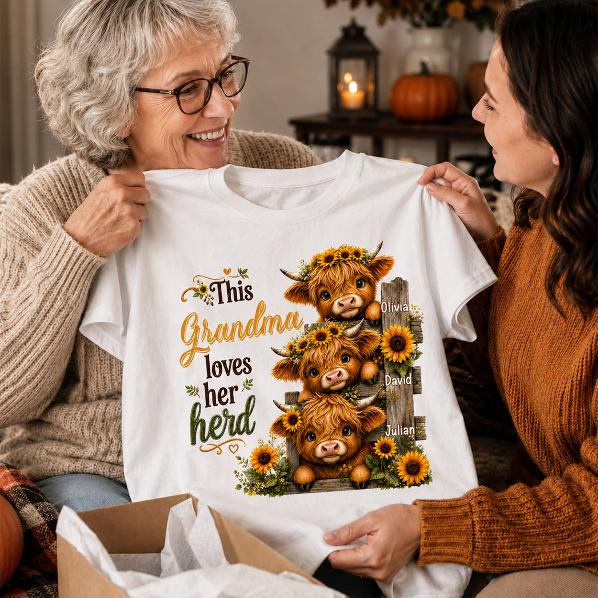 Highland Cow Grandma Loves Her Herb - Personalized Shirt - Fall Season Gift, Gift For Grandma