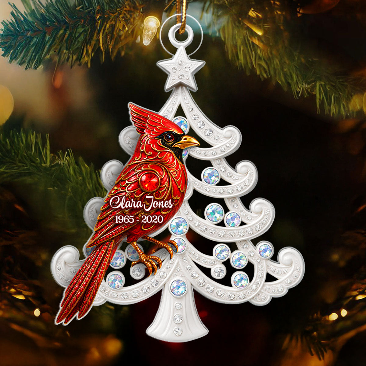 3D Metal Red Cardinal On Christmas Tree - Personalized Acrylic Ornament - Sympathy Christmas Gift For Loss Of Loved Ones