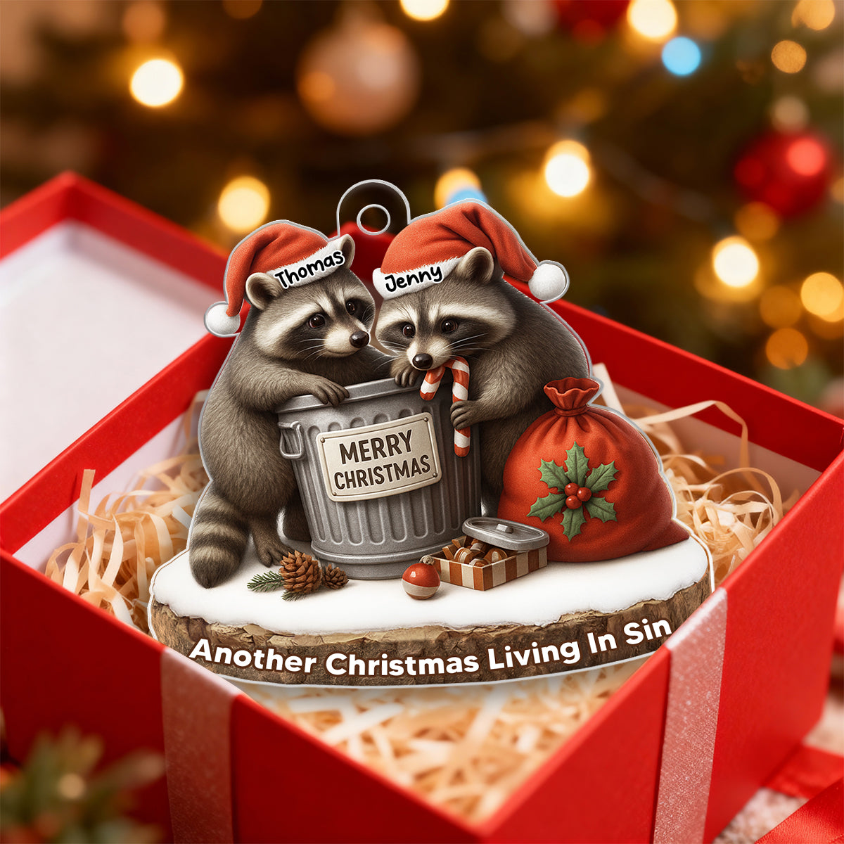 Another Christmas Living in Sin Funny Raccon Couple - Personalized Acrylic Ornament - Christmas Gift for her, Gift for him