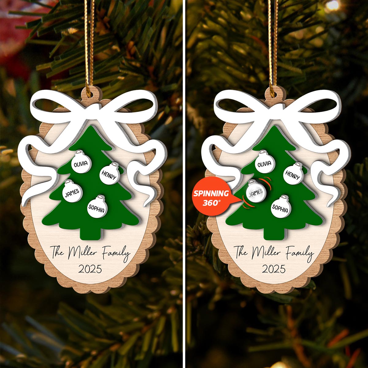 Family Christmas Tree Scalloped Bow - Personalized Spinning Charm Ornament