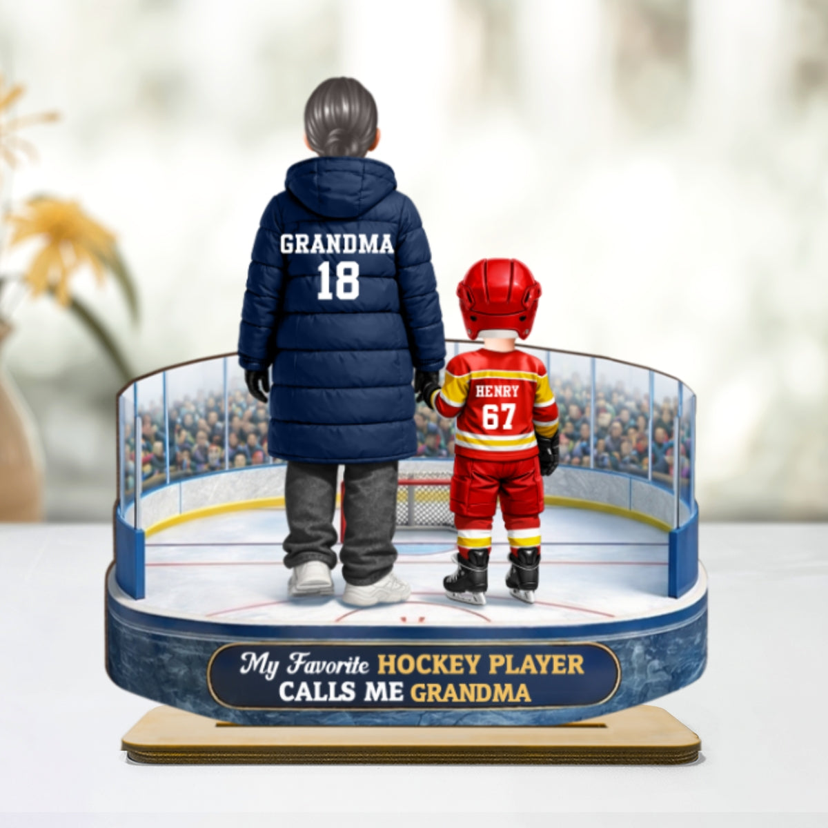 Hockey Grandma And Grandkids On The Ice - Personalized 2-Layered Wooden Plaque - Heartfelt Gift For Grandma
