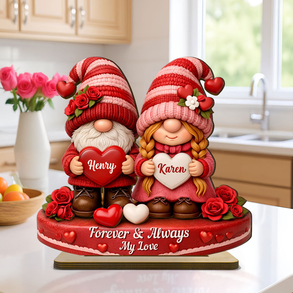 Romantic Gnome Couple - Personalized Standing Wooden Plaque - Gift for Couple