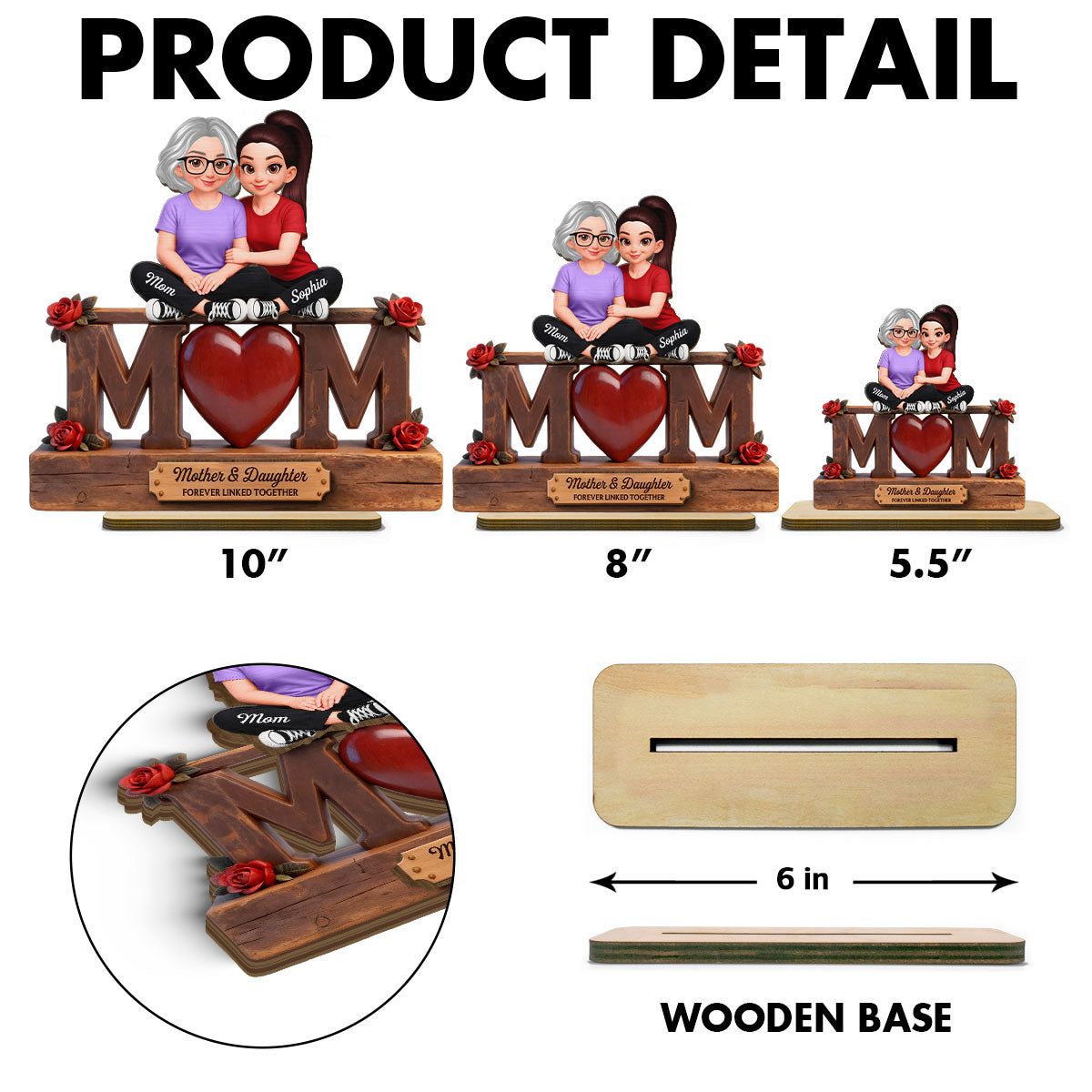 Rose MOM And Daughter Forever Linked Together - Personalized 2-Layered Wooden Plaque - Gift For Mom
