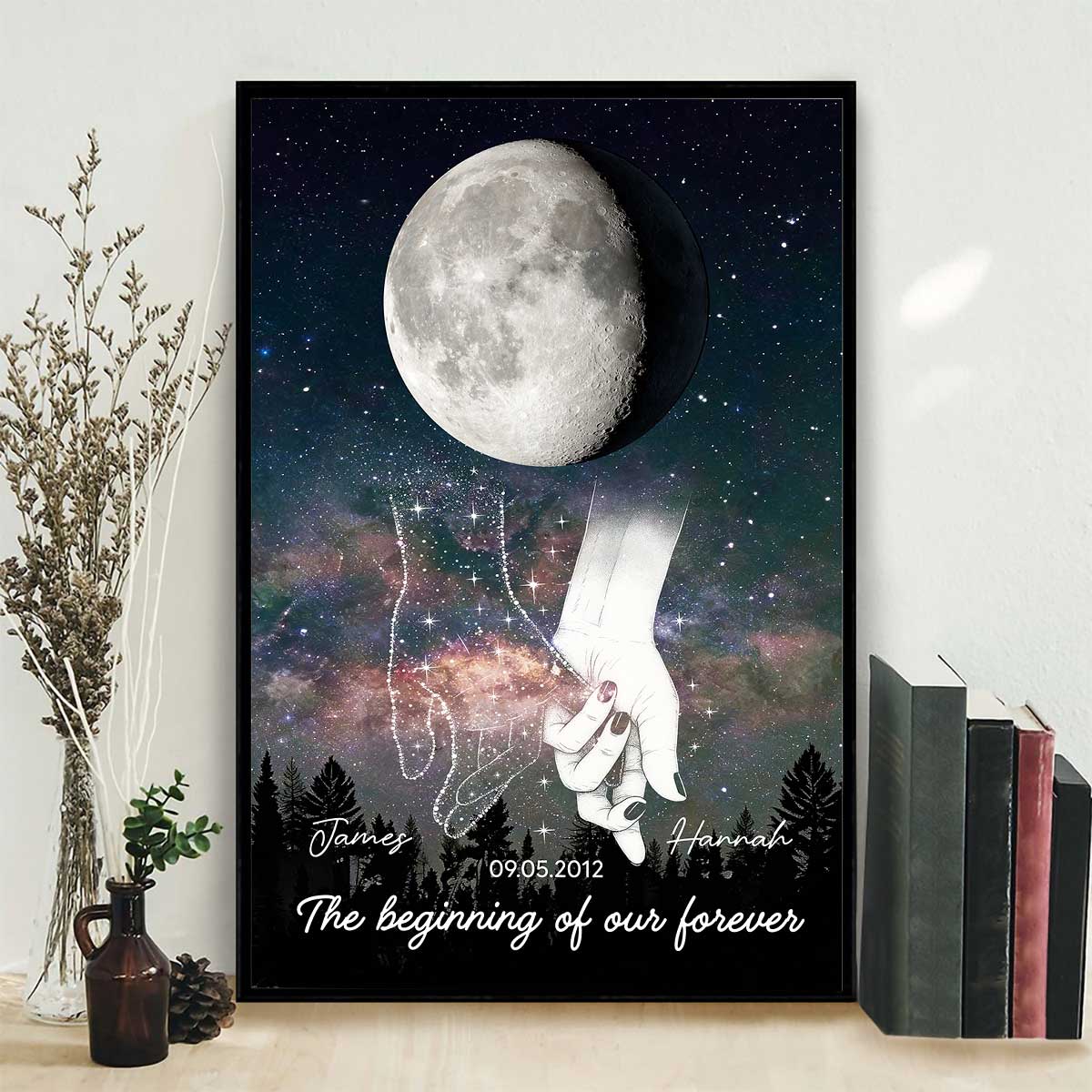 Galaxy Night Couple Holding Hands Custom Moon Phase Anniversary Date - Personalized Poster - Heartfelt Anniversary Gift, Valentine Gift, Wedding Gift For Couple