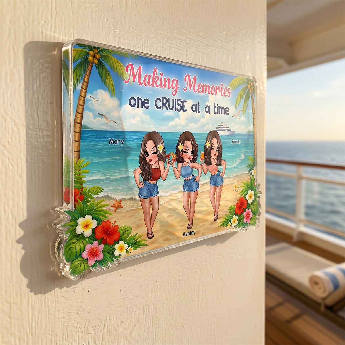 Pretty Cruise Besties On The Beach - Personalized Cruise Cabin Door Magnet - Girls Trip Cruise Trip Keepsake
