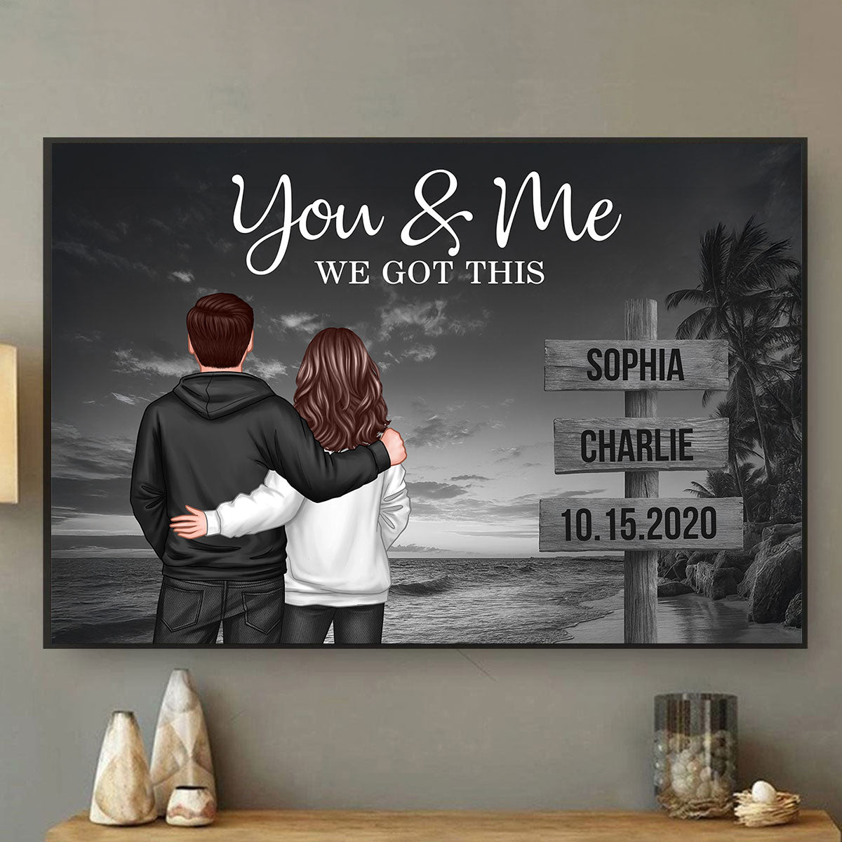 Retro Couple Street Sign Beach Landscape - Personalized Poster - Heartfelt Couple Gift for him, for her