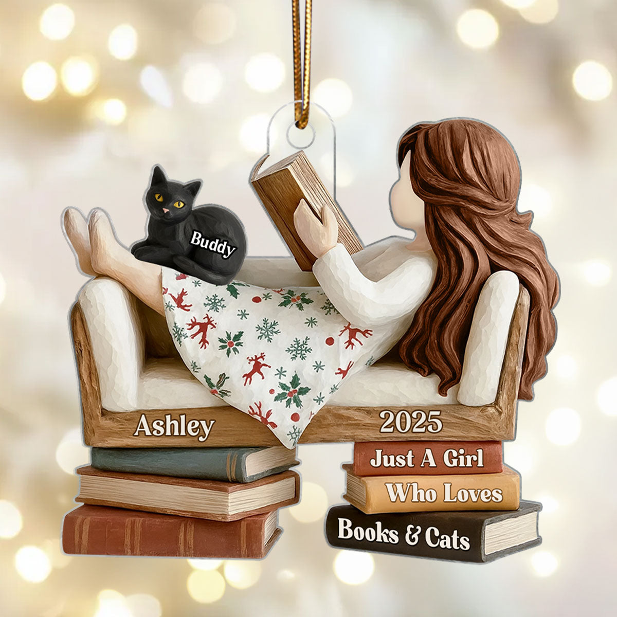 Just a Girl Who Loves Books & Cats - Personalized Acrylic Ornament - Christmas Gift for Cat Moms, Bookworms