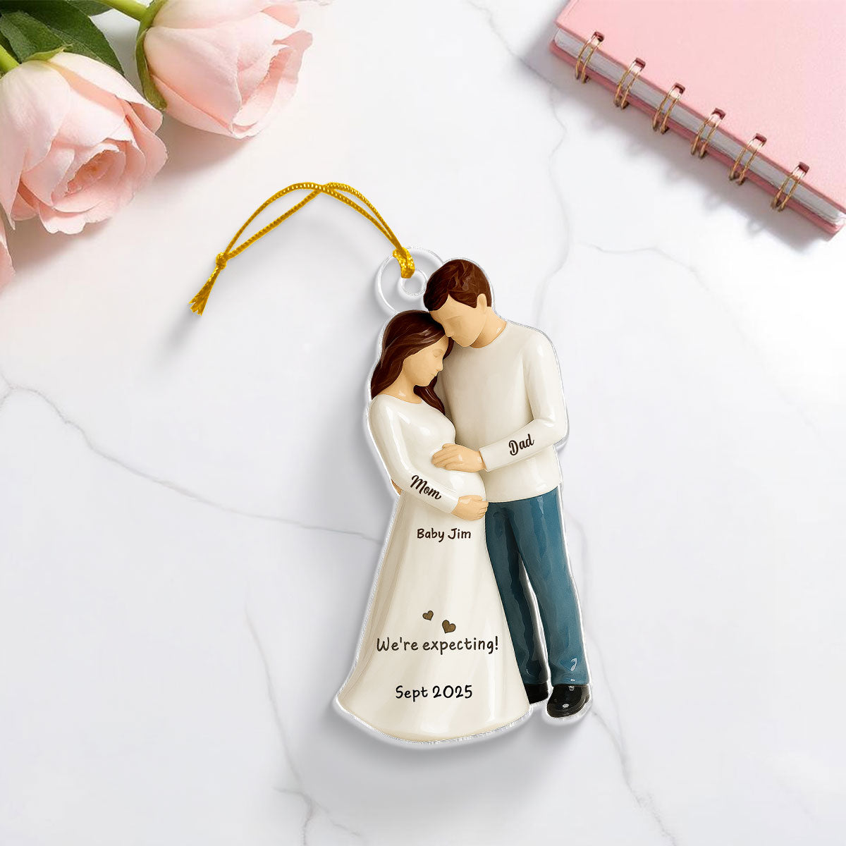 Waiting For You With All Our Hearts 3D Effect Couple Expecting Baby Personalized Flat Acrylic Ornament, Baby Shower Gift For Parents-to-be