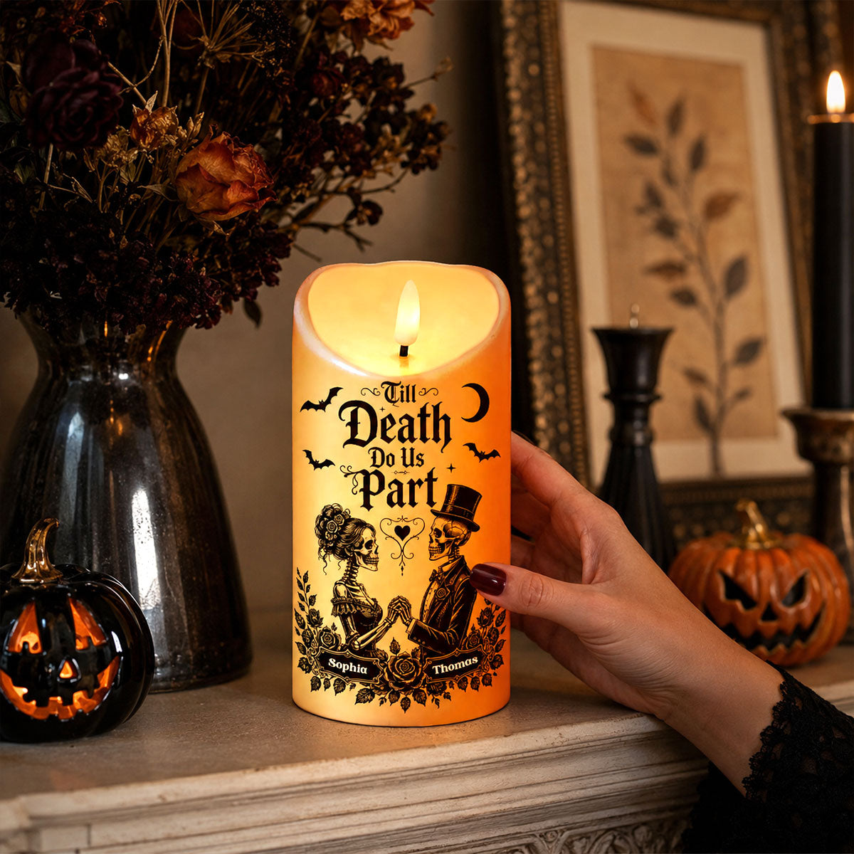 Till Death Do Us Part Skeleton Couple - Personalized LED Candle - Halloween Decor For Couple
