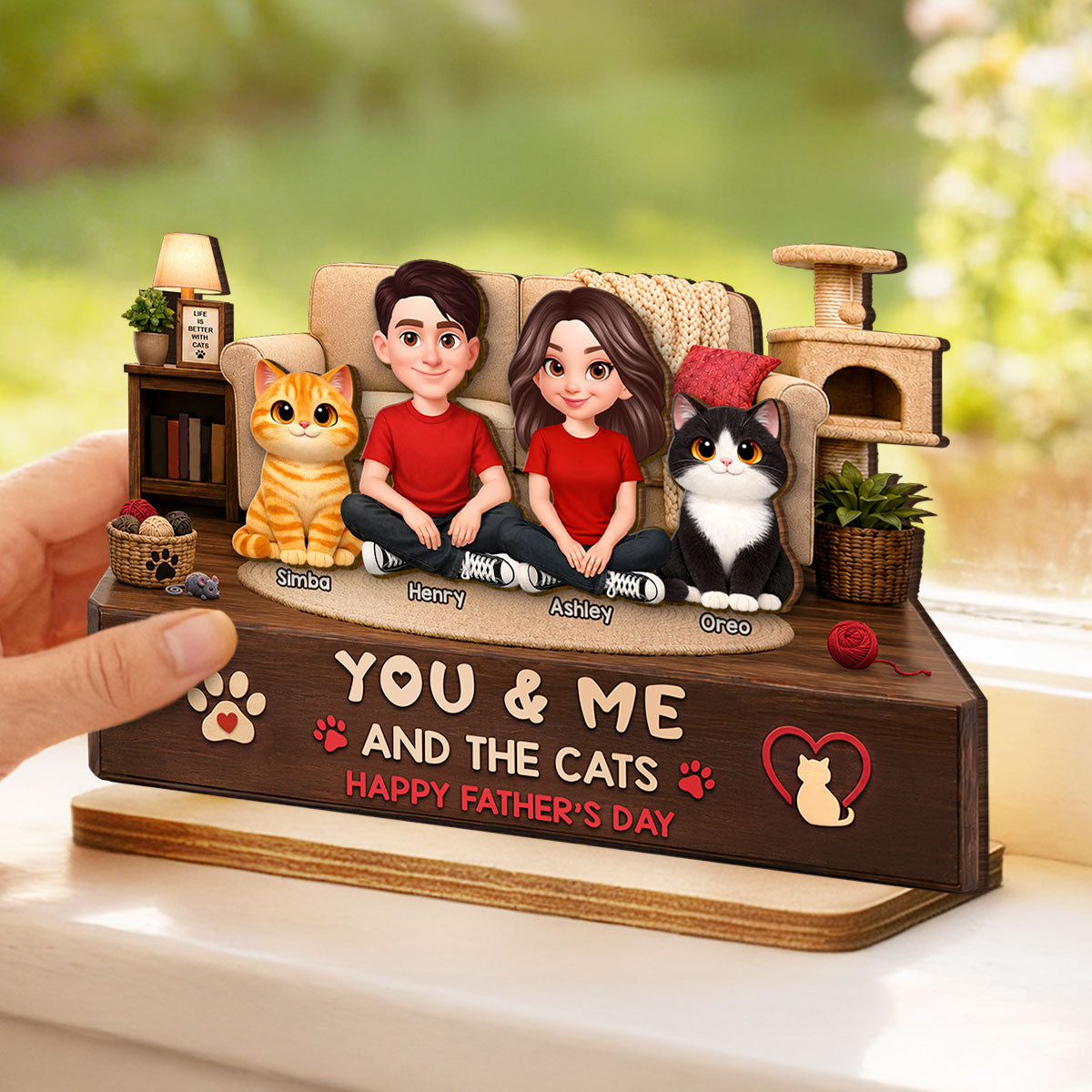 You & Me And The Cats Cozy Room 2D Flat - Personalized 2-Layered Wooden Plaque -  Gift For Cat Dad