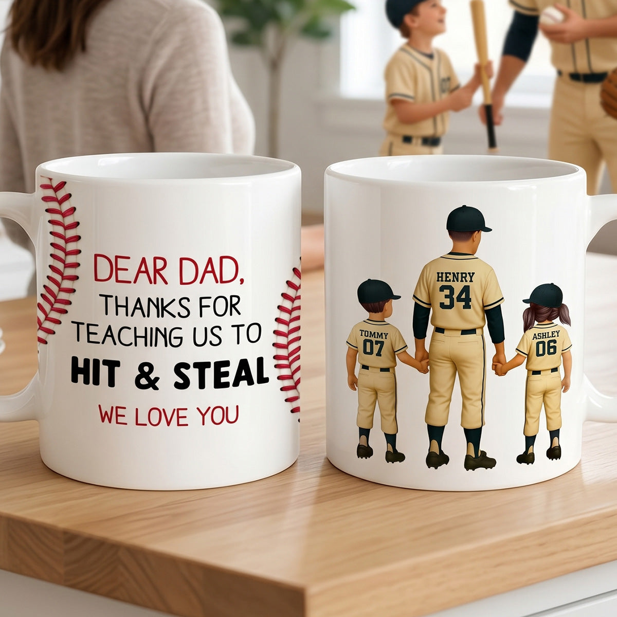 Thank You For Teaching Us To Hit & Steal Baseball Dad & Kids - Personalized Mug - Father's Day Gift For Dad, Husband