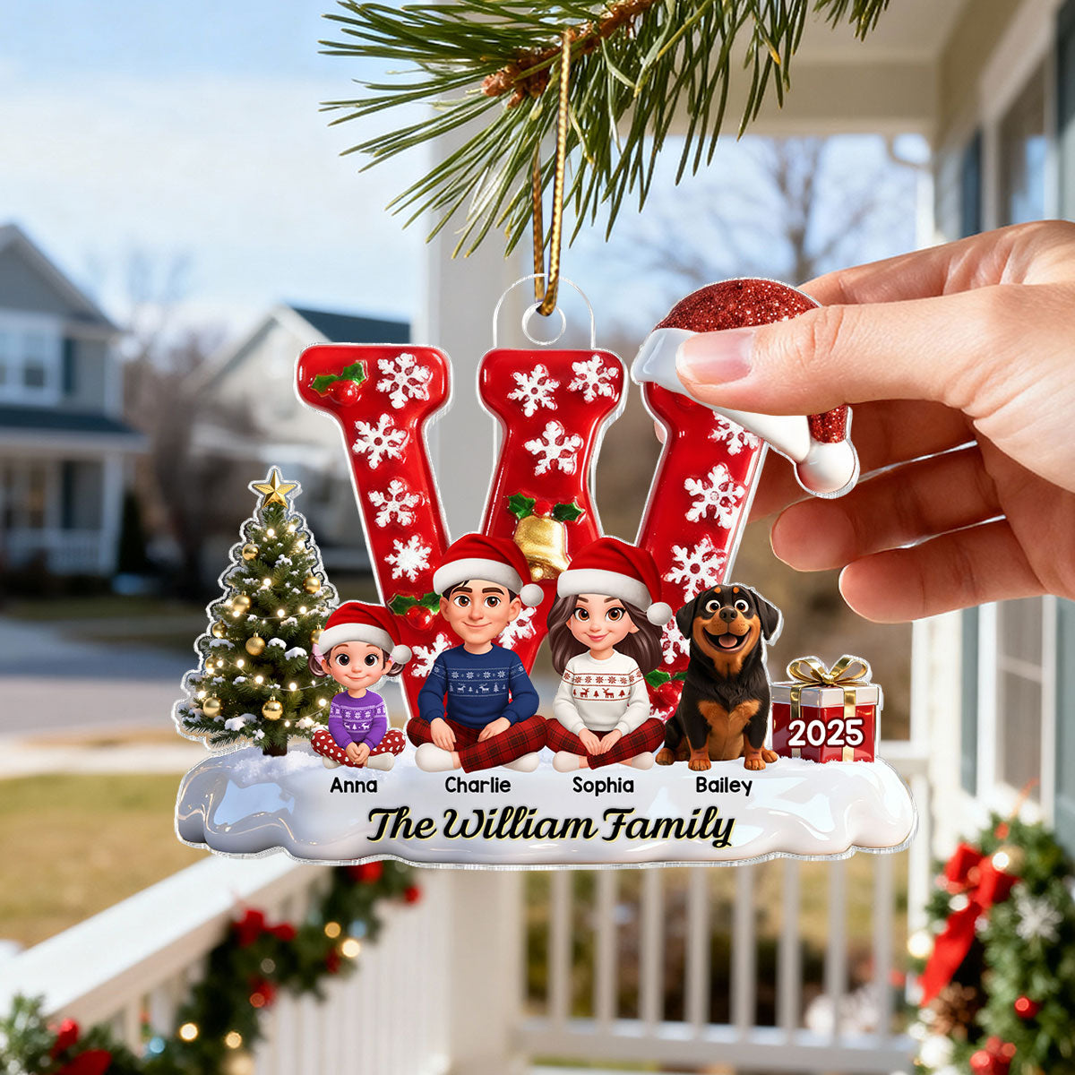 3D Effect Christmas Festive Family Name Initial Beautiful Family Together - Personalized Acrylic Ornament - Gift For Family