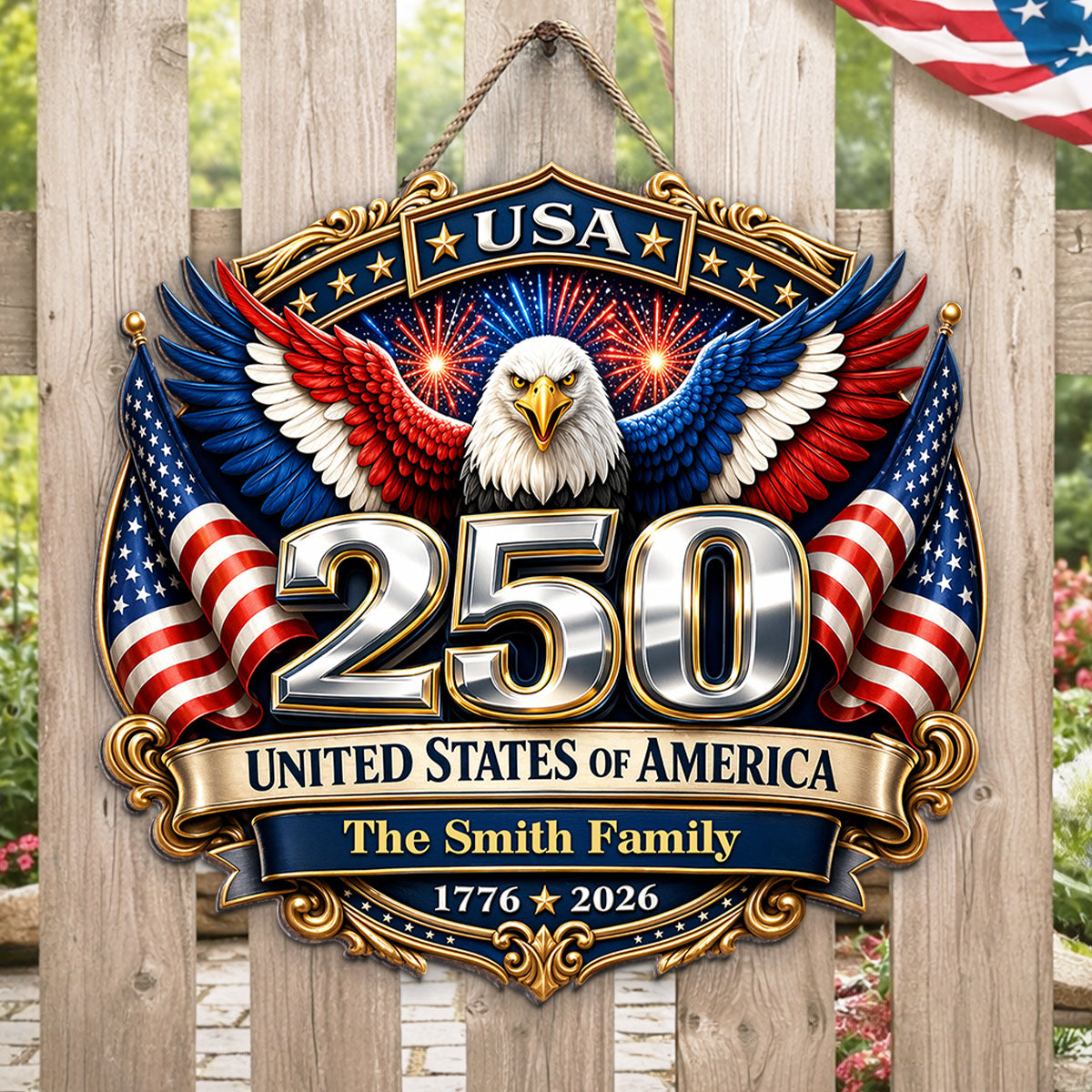 250th Anniversary America Patriotic Eagle - Personalized Wooden Sign - 250 Years of Freedom, Family Decoration