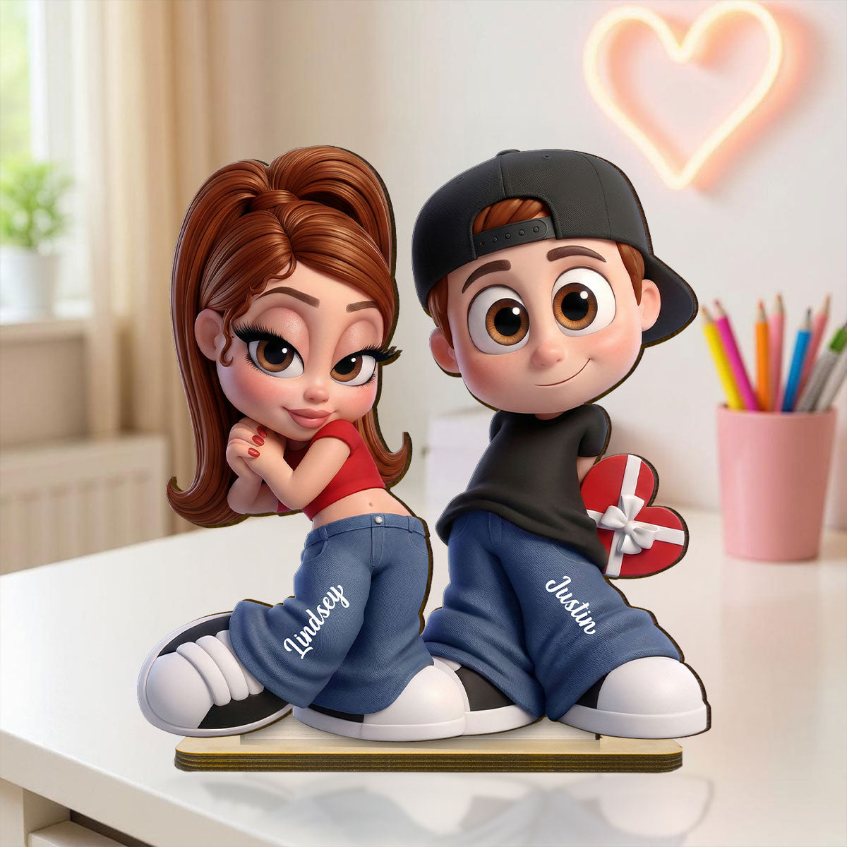 Y2K Couple 3D Cartoon Effect - Personalized Wooden Plaque - Sentimental Valentine's Day Gift for him, for her