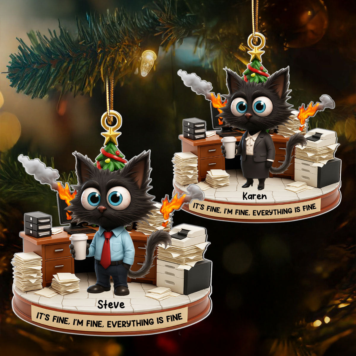 Office Chaos It's Fine We're Fine Funny Cat - Personalized Acrylic Ornament - Christmas Gift for Coworkers, White Elephant, Secret Santa Gift