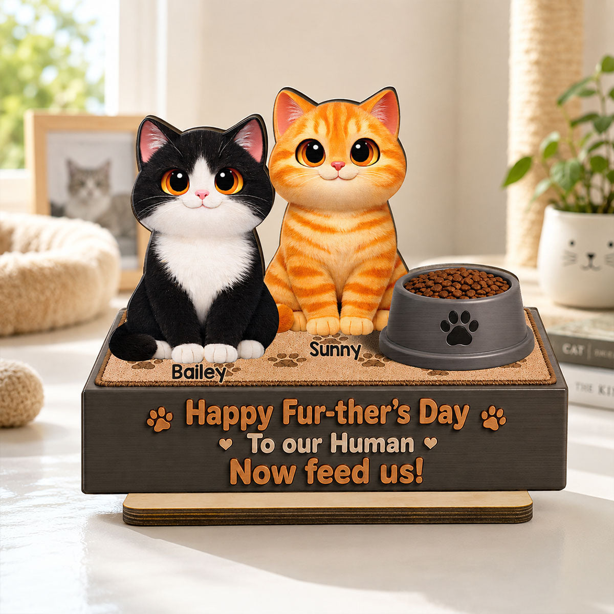 Cute Fluffy Cats Happy Fur-ther's Day Human - Personalized 2-Layered Wooden Plaque - Funny  Gift For Cat Dad, Cat Lovers