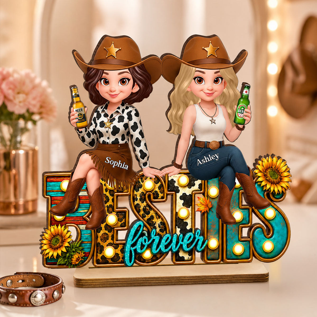 Western Besties Leopard Checkered - Personalized 2-Layered Wooden Plaque - Gift for Best Friends