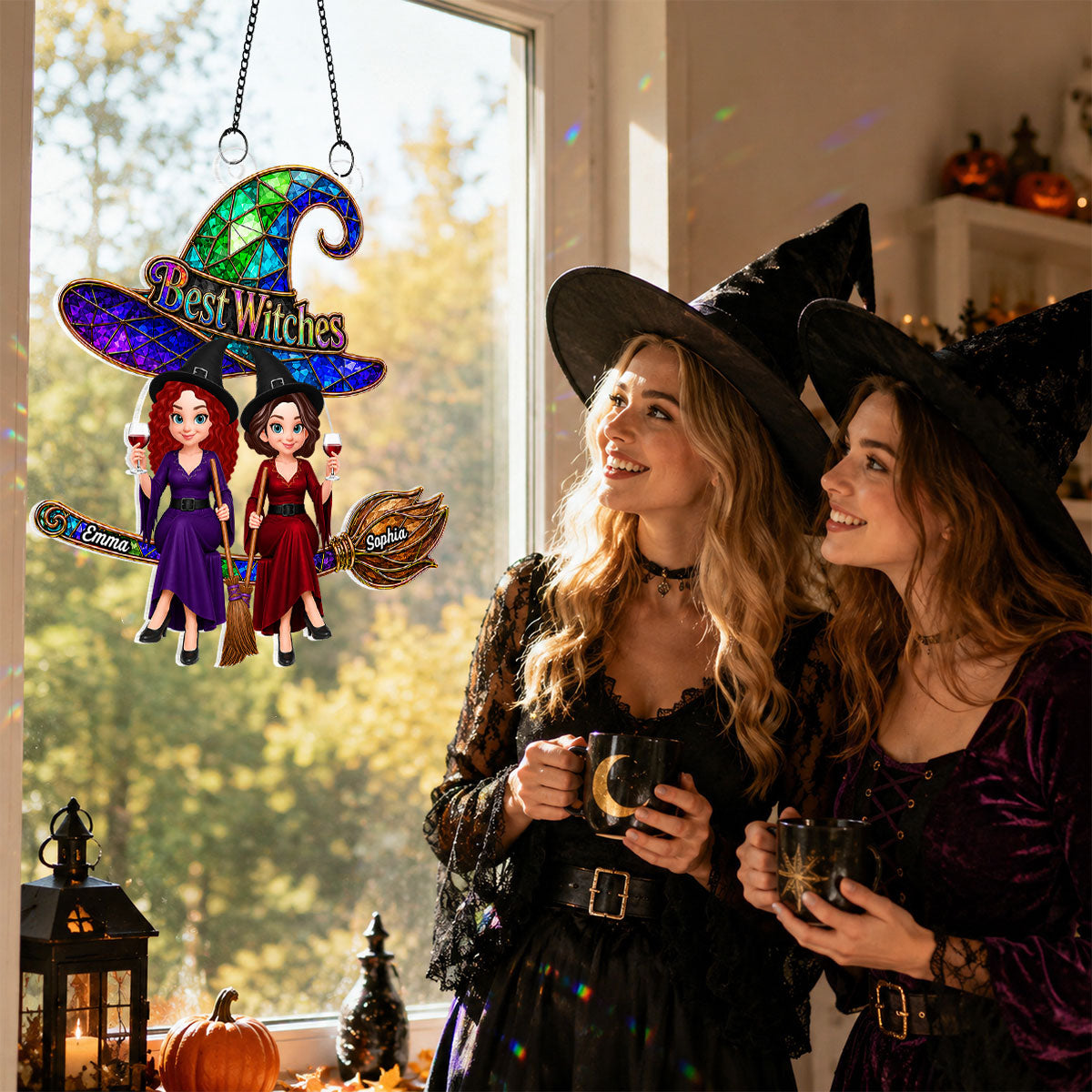Trending Witches Sitting On Broom - Personalized Acrylic Window Hanging - Halloween Decoration For Besties, Girls