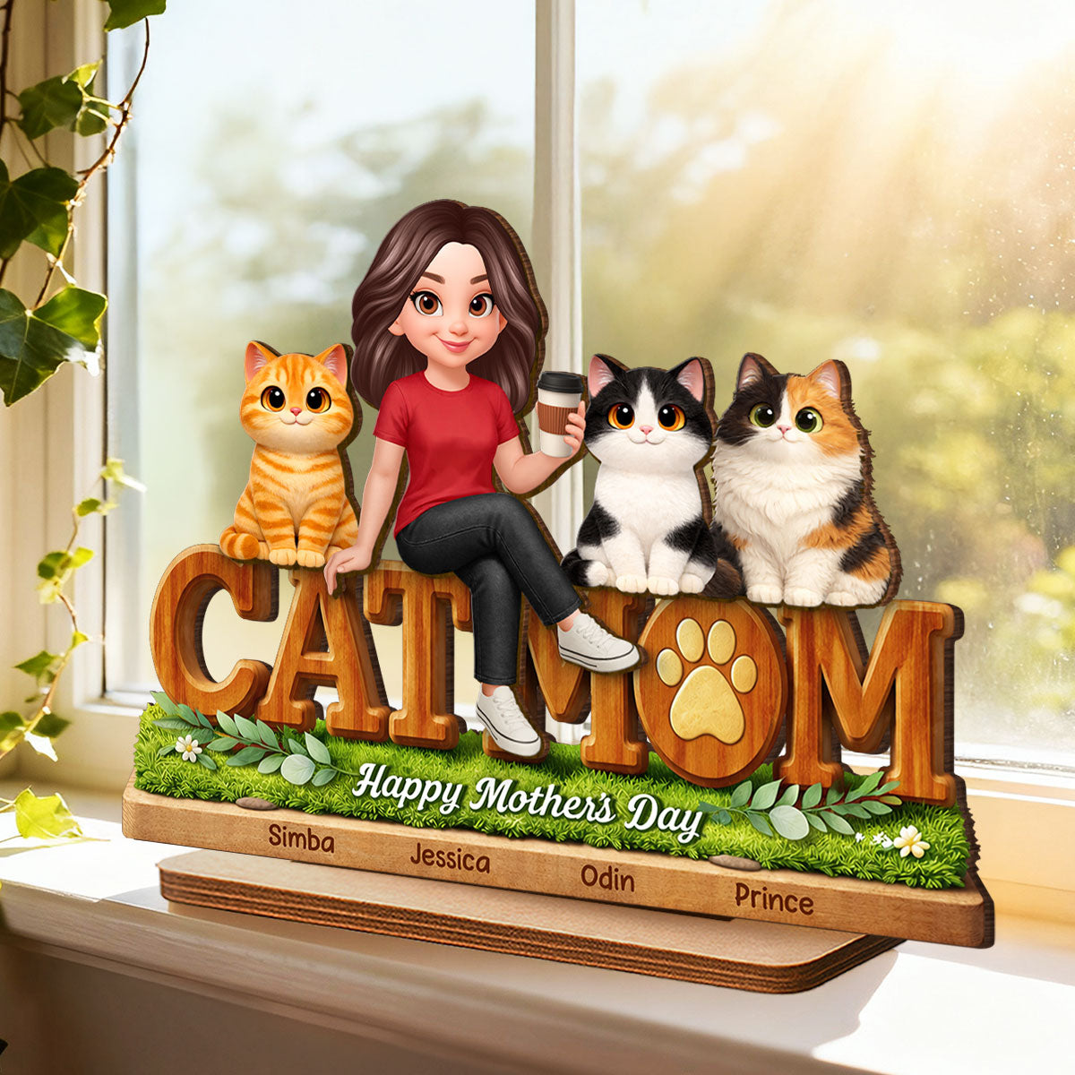 Cat Mom Cute Fluffy Cats - Personalized 2-Layered Wooden Plaque - Mother's Day Gift For Cat Mom