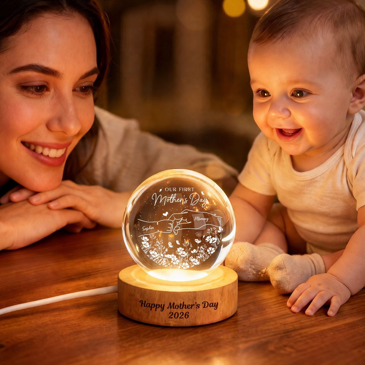 First Mother's Day Photo - Personalized Crystal Ball LED Light Night - Mother's Day Gift for Mom, Wife