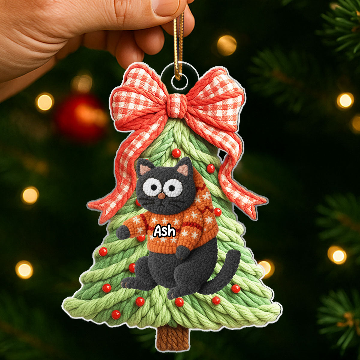 Cat Hanging on Christmas Tree Latch Hook Yarn Faux - Personalized Acrylic Ornament - Christmas Gift for Cat Lovers