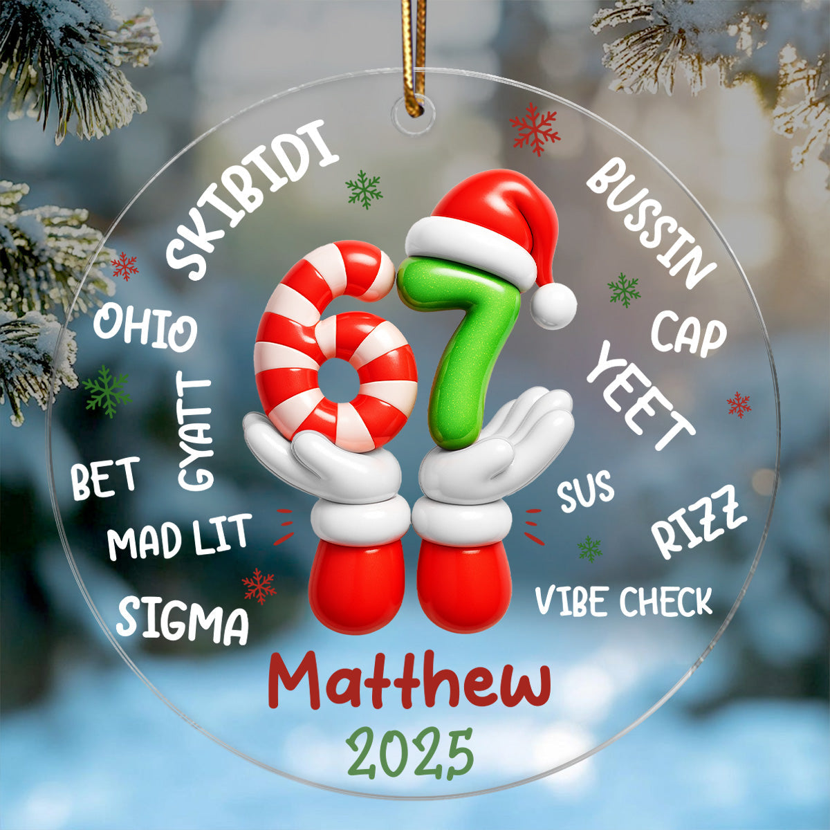Custom Name Kid Slang Six Seven 3D Effect - Personalized Acrylic Ornament - 2025 Slang, Funny Teen Grandkid, Gen Alpha Christmas Gift