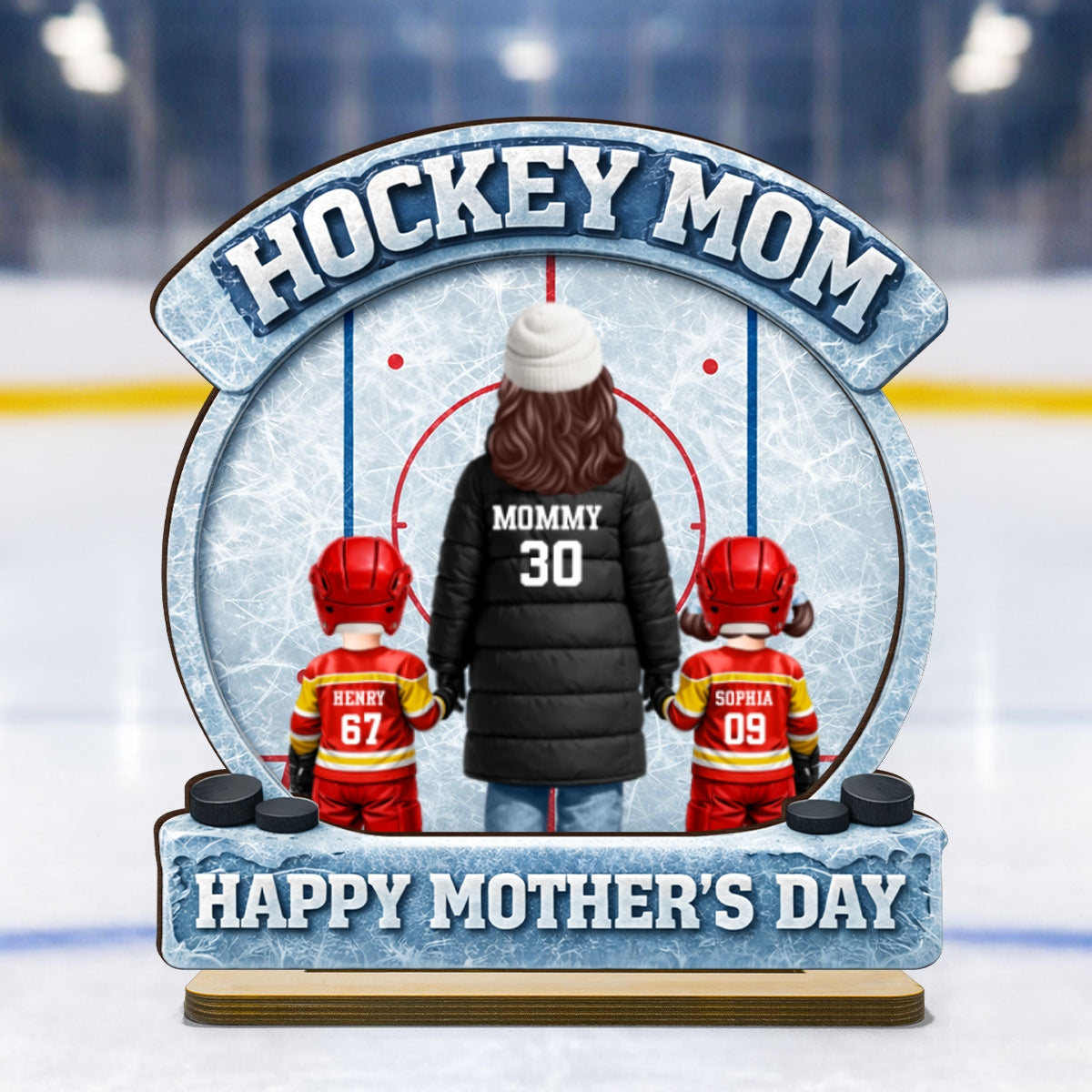 Hockey Mom Back View And Kids - Personalized 2-Layered Wooden Plaque - Mother's Day Gift For Hockey Mom