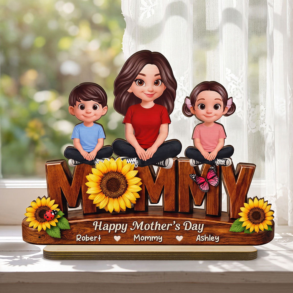 Sunflower Mom And Kids - Personalized 2-Layered Wooden Plaque - Mother's Day Gift For Mom, Wife