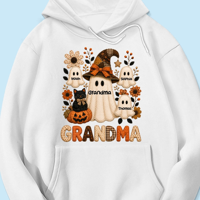 Cute Grandma Boo Witch Fall Season Halloween Faux Patchwork Pattern Coquette - Personalized Shirt - Halloween Gift For Grandma