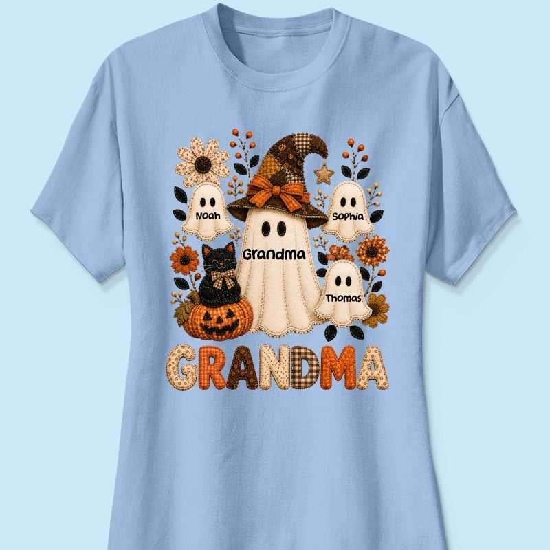 Cute Grandma Boo Witch Fall Season Halloween Faux Patchwork Pattern Coquette - Personalized Shirt - Halloween Gift For Grandma