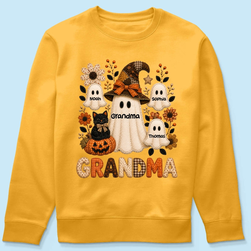 Cute Grandma Boo Witch Fall Season Halloween Faux Patchwork Pattern Coquette - Personalized Shirt - Halloween Gift For Grandma