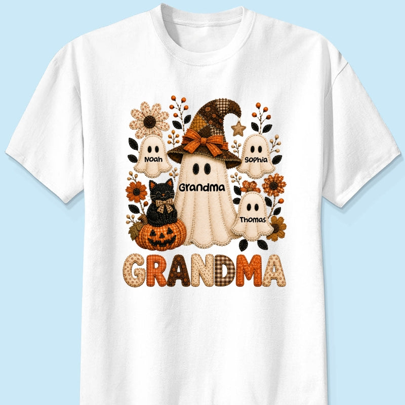 Cute Grandma Boo Witch Fall Season Halloween Faux Patchwork Pattern Coquette - Personalized Shirt - Halloween Gift For Grandma
