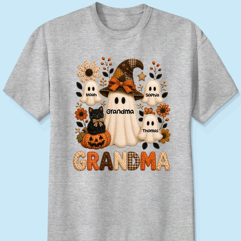 Cute Grandma Boo Witch Fall Season Halloween Faux Patchwork Pattern Coquette - Personalized Shirt - Halloween Gift For Grandma
