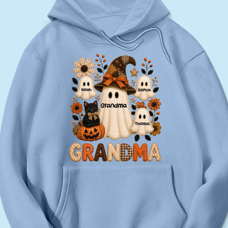Cute Grandma Boo Witch Fall Season Halloween Faux Patchwork Pattern Coquette - Personalized Shirt - Halloween Gift For Grandma