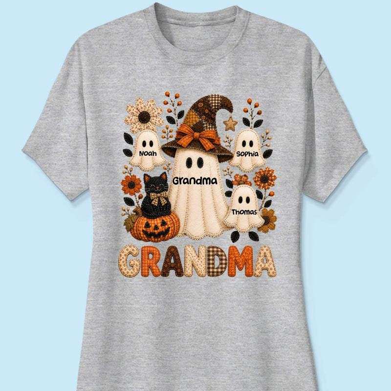 Cute Grandma Boo Witch Fall Season Halloween Faux Patchwork Pattern Coquette - Personalized Shirt - Halloween Gift For Grandma