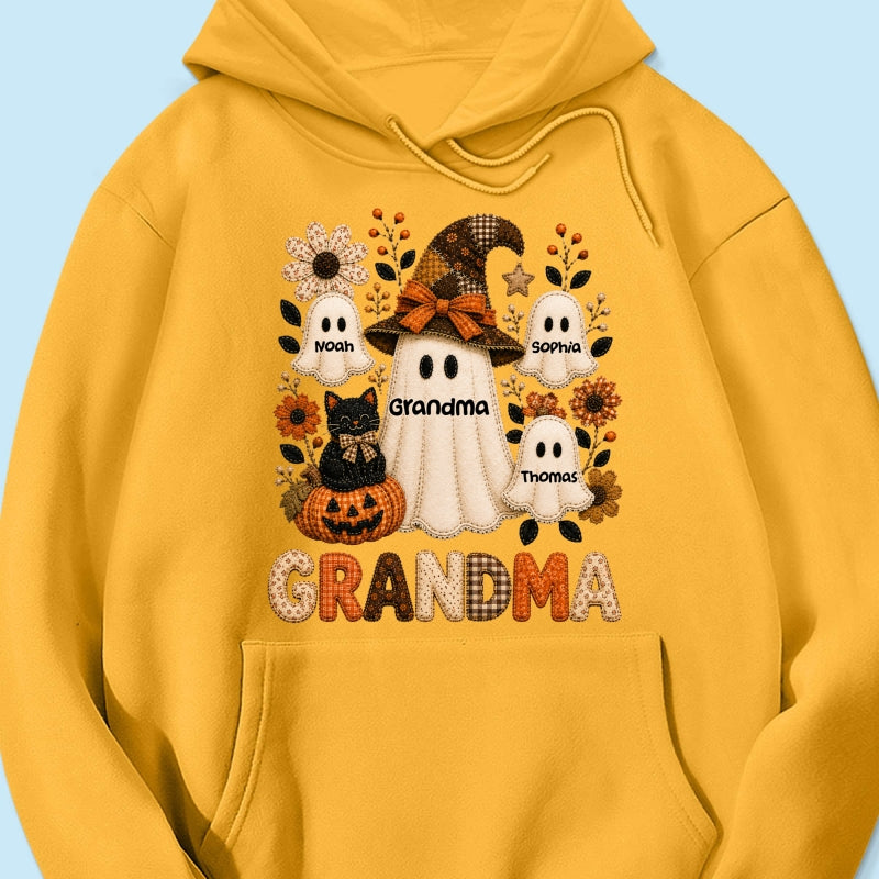 Cute Grandma Boo Witch Fall Season Halloween Faux Patchwork Pattern Coquette - Personalized Shirt - Halloween Gift For Grandma