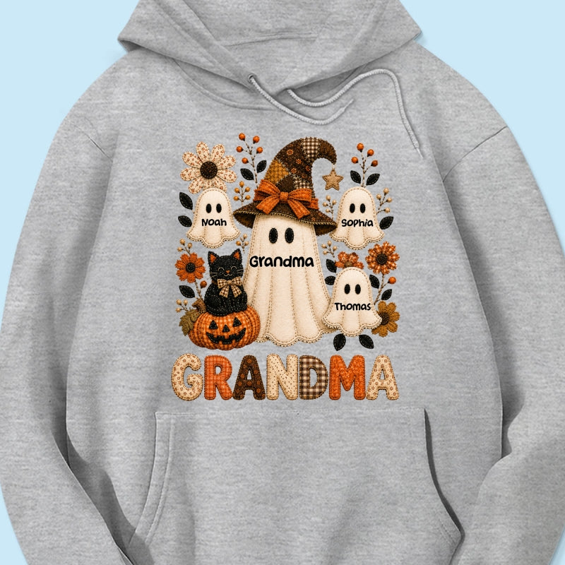 Cute Grandma Boo Witch Fall Season Halloween Faux Patchwork Pattern Coquette - Personalized Shirt - Halloween Gift For Grandma