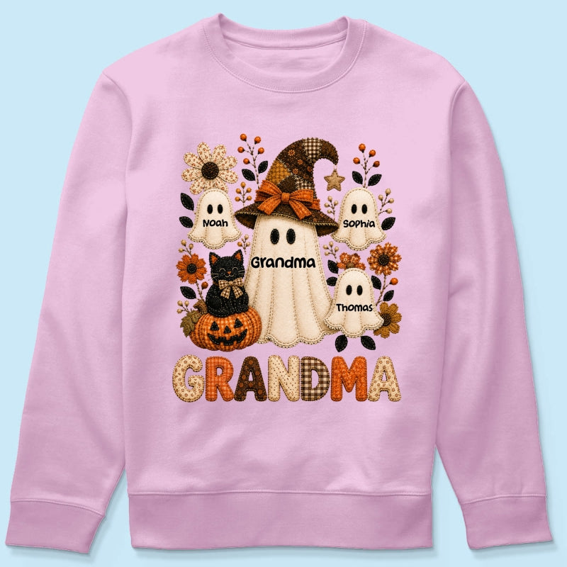 Cute Grandma Boo Witch Fall Season Halloween Faux Patchwork Pattern Coquette - Personalized Shirt - Halloween Gift For Grandma