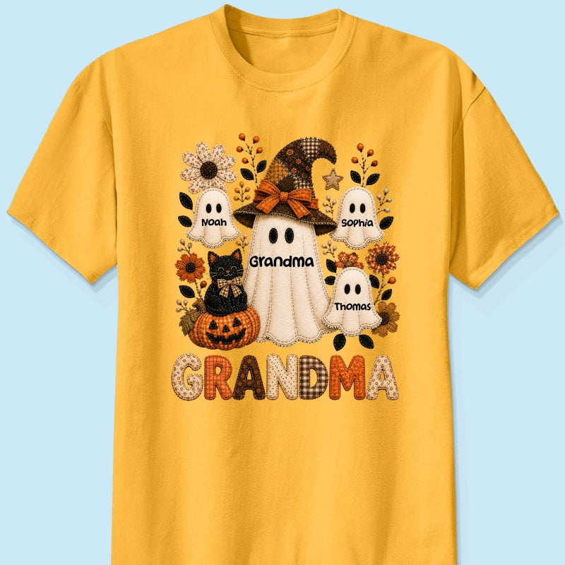 Cute Grandma Boo Witch Fall Season Halloween Faux Patchwork Pattern Coquette - Personalized Shirt - Halloween Gift For Grandma