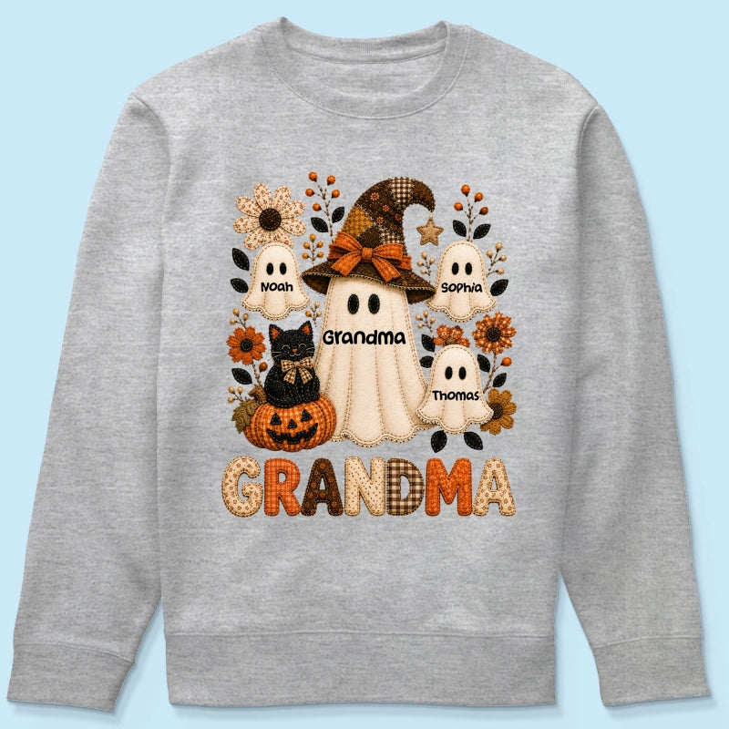 Cute Grandma Boo Witch Fall Season Halloween Faux Patchwork Pattern Coquette - Personalized Shirt - Halloween Gift For Grandma