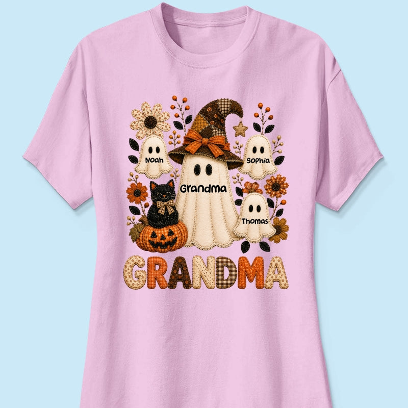 Cute Grandma Boo Witch Fall Season Halloween Faux Patchwork Pattern Coquette - Personalized Shirt - Halloween Gift For Grandma