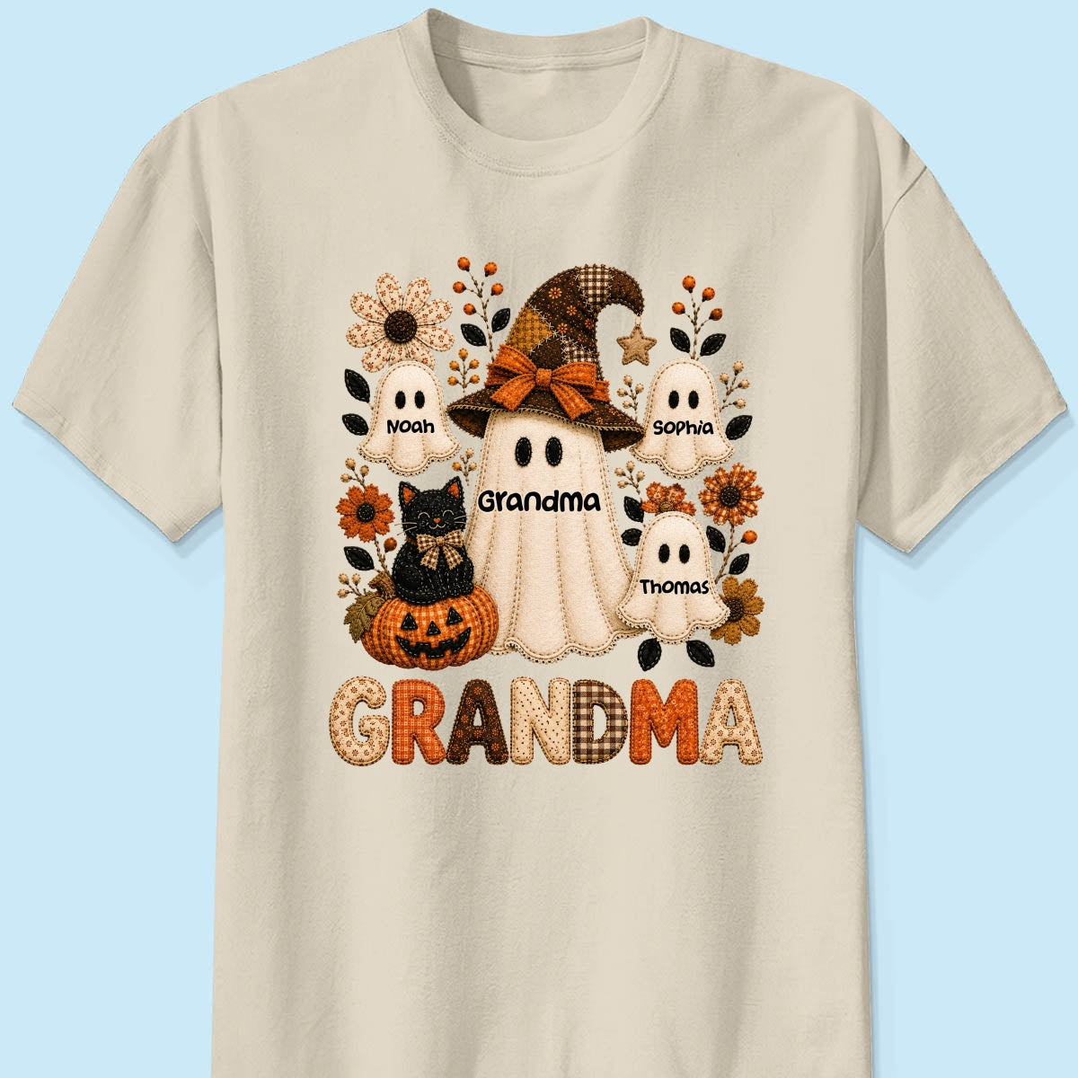 Cute Grandma Boo Witch Fall Season Halloween Faux Patchwork Pattern Coquette - Personalized Shirt - Halloween Gift For Grandma