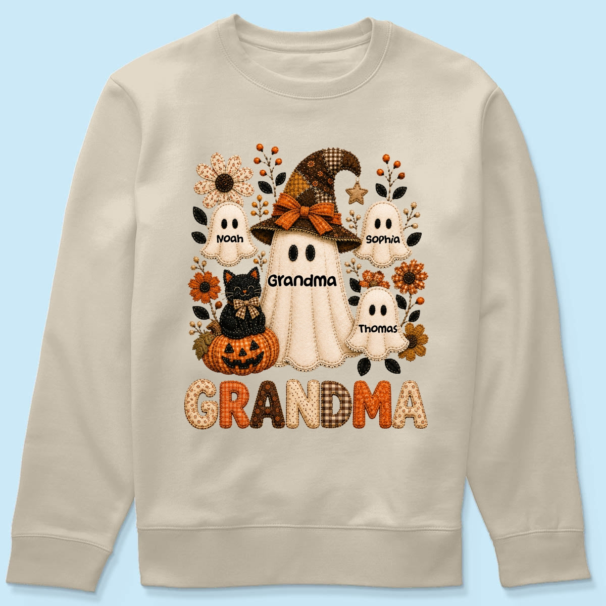 Cute Grandma Boo Witch Fall Season Halloween Faux Patchwork Pattern Coquette - Personalized Shirt - Halloween Gift For Grandma