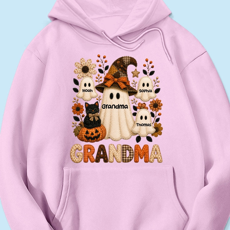 Cute Grandma Boo Witch Fall Season Halloween Faux Patchwork Pattern Coquette - Personalized Shirt - Halloween Gift For Grandma