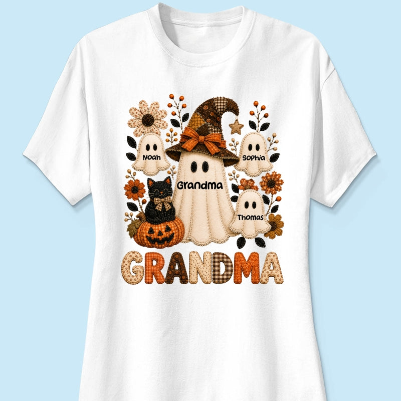 Cute Grandma Boo Witch Fall Season Halloween Faux Patchwork Pattern Coquette - Personalized Shirt - Halloween Gift For Grandma