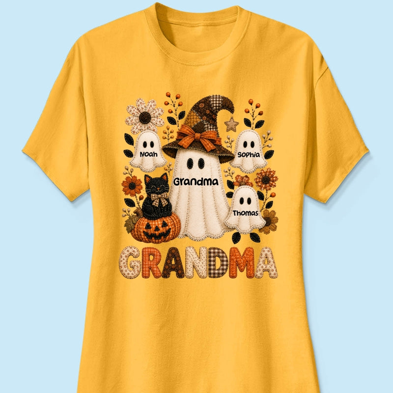 Cute Grandma Boo Witch Fall Season Halloween Faux Patchwork Pattern Coquette - Personalized Shirt - Halloween Gift For Grandma