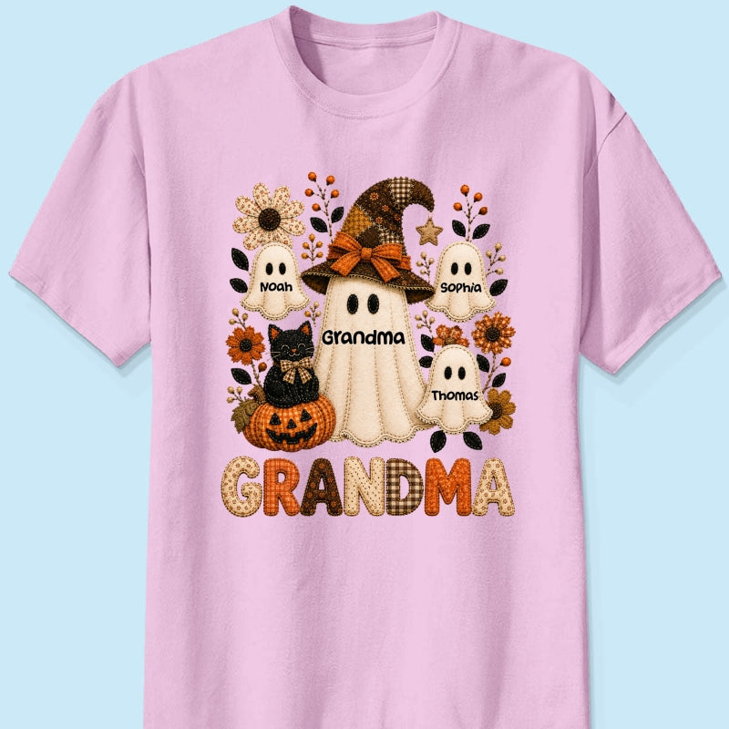 Cute Grandma Boo Witch Fall Season Halloween Faux Patchwork Pattern Coquette - Personalized Shirt - Halloween Gift For Grandma