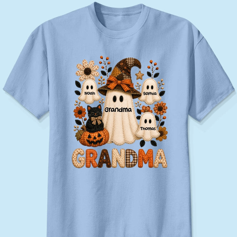Cute Grandma Boo Witch Fall Season Halloween Faux Patchwork Pattern Coquette - Personalized Shirt - Halloween Gift For Grandma