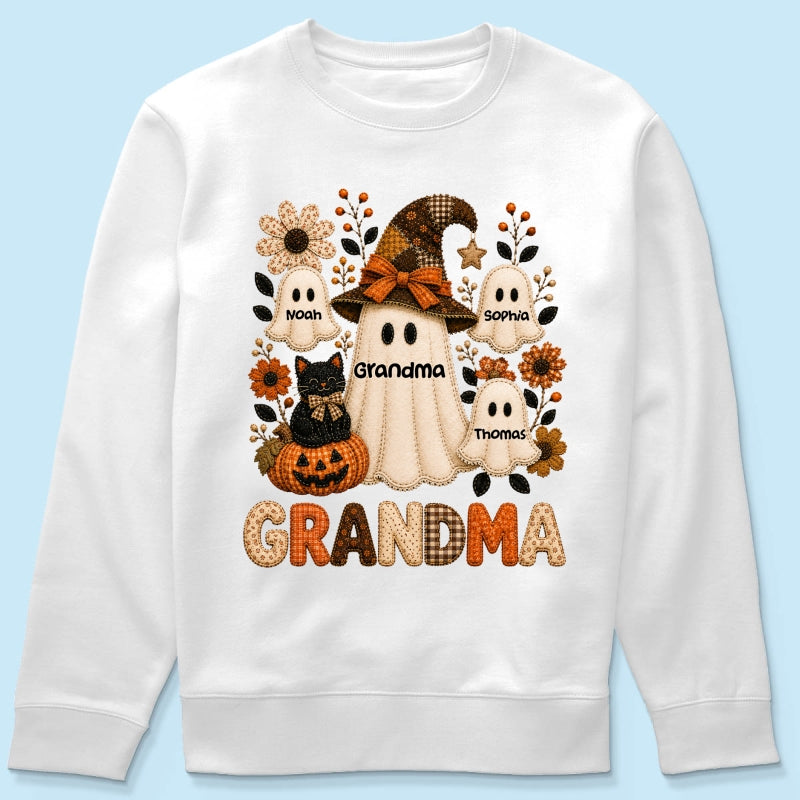 Cute Grandma Boo Witch Fall Season Halloween Faux Patchwork Pattern Coquette - Personalized Shirt - Halloween Gift For Grandma